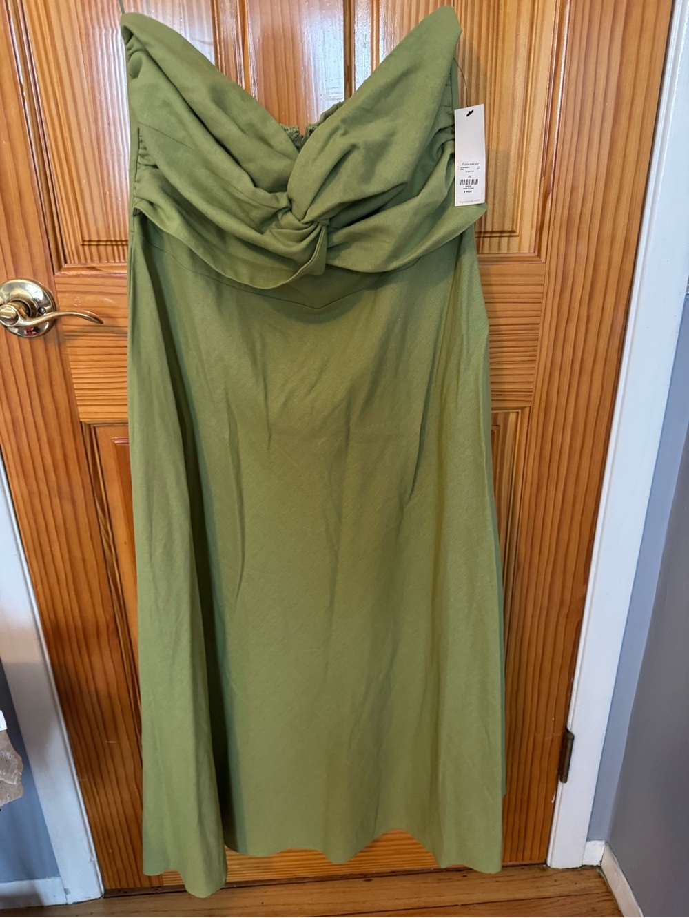 Green Strapless Twist Front Midi Dress